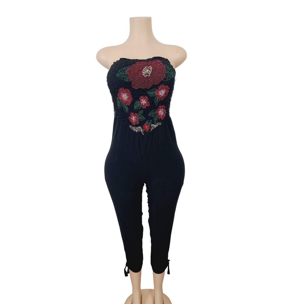 Free‎ People Bohemian Floral Strapless Jumpsuit Rompers, Women's Size S Black